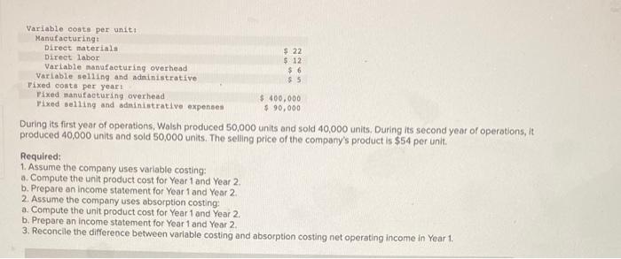 Variable costs per units Manufacturing: Direct materials Direct labor Variable manufacturing overhead