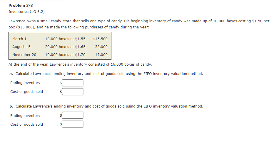 Problem 3-3 Inventories (LO 3.2) Lawrence owns a small candy store that