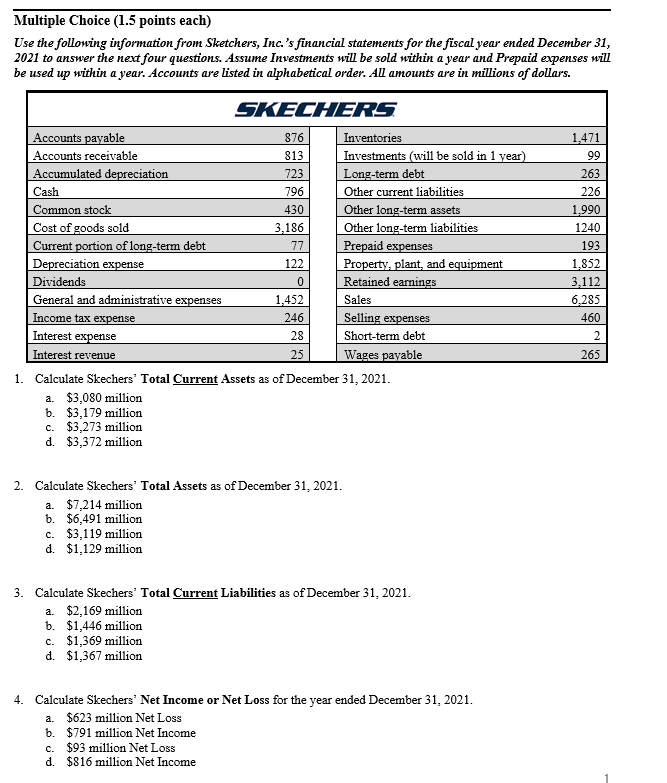 Multiple Choice (1.5 points each) Use the following information from Sketchers, Inc.'s