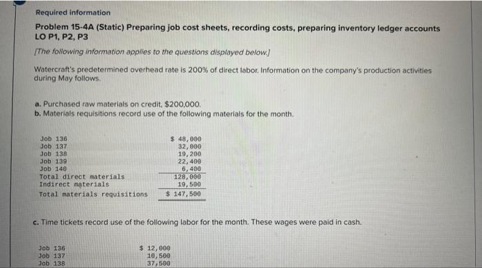 Required information Problem 15-4A (Static) Preparing job cost sheets, recording costs, preparing