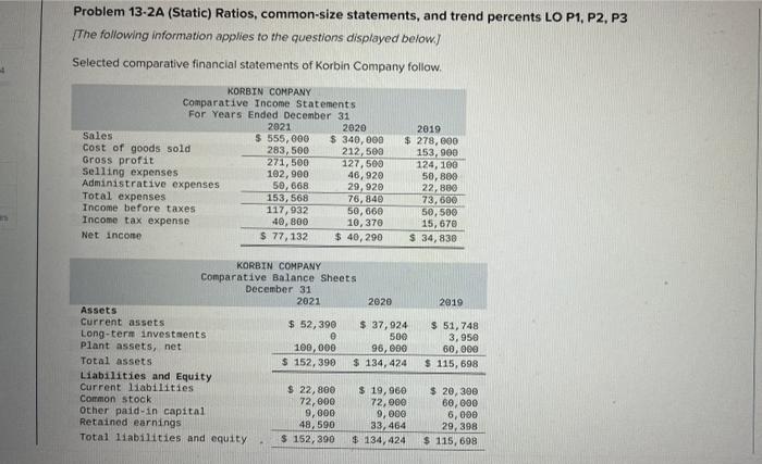 Problem 13-2A (Static) Ratios, common-size statements, and trend percents LO P1, P2,