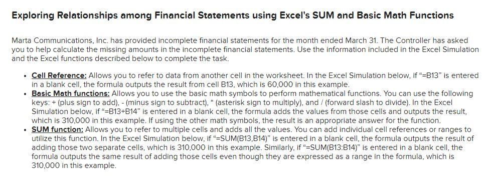 Exploring Relationships among Financial Statements using Excel's SUM and Basic Math Functions