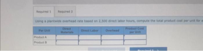 Required 1 Required 2 Using a plantwide overhead rate based on 2,500