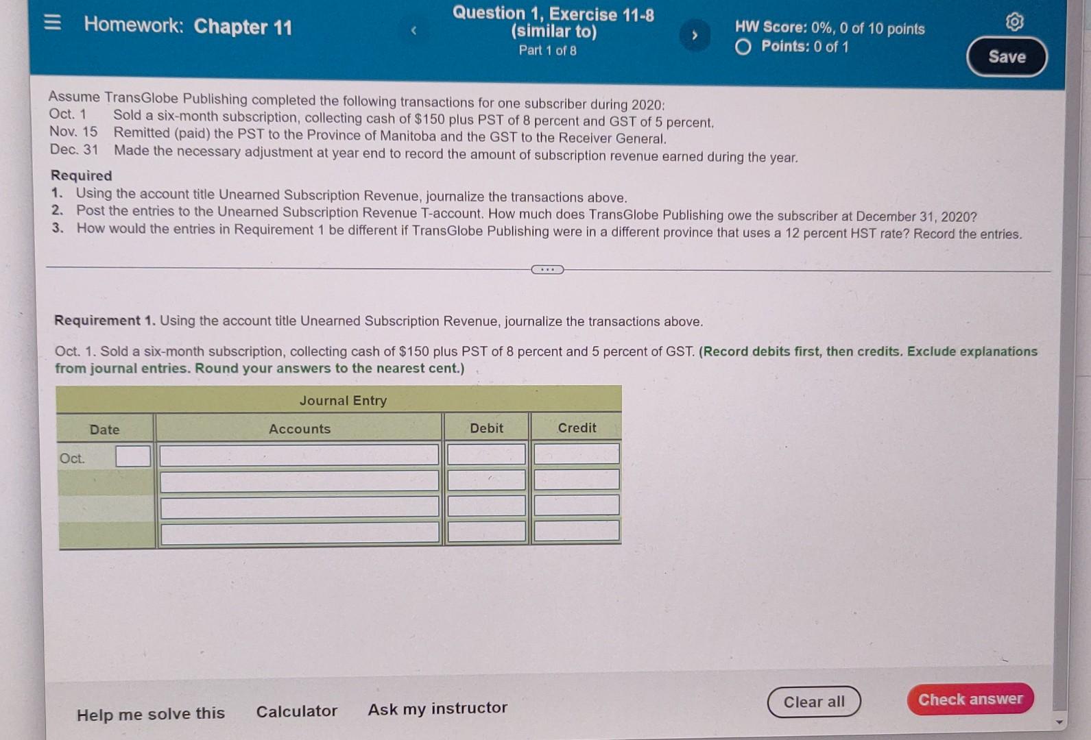 = Homework: Chapter 11 Question 1, Exercise 11-8 (similar to) Part 1
