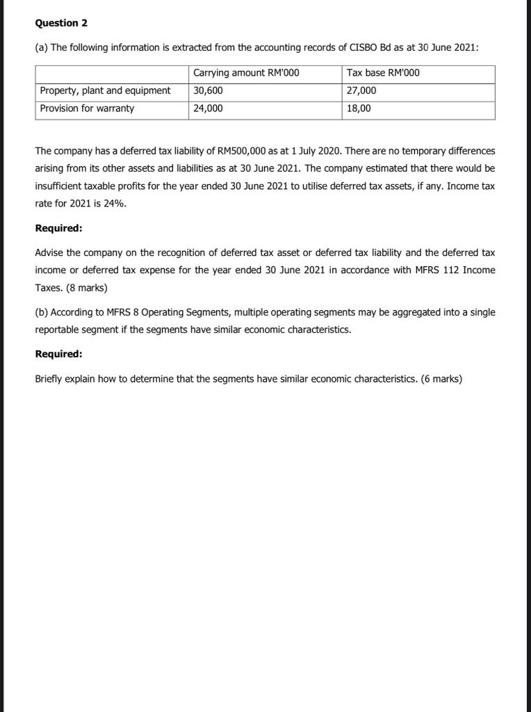 Question 2 (a) The following information is extracted from the accounting records