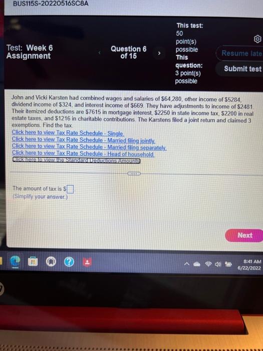 BUS115S-20220516SC8A Test: Week 6 Assignment This test: 50 Question 6 of 15
