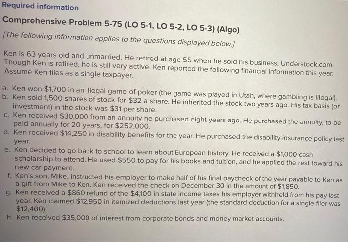 Required information Comprehensive Problem 5-75 (LO 5-1, LO 5-2, LO 5-3) (Algo)