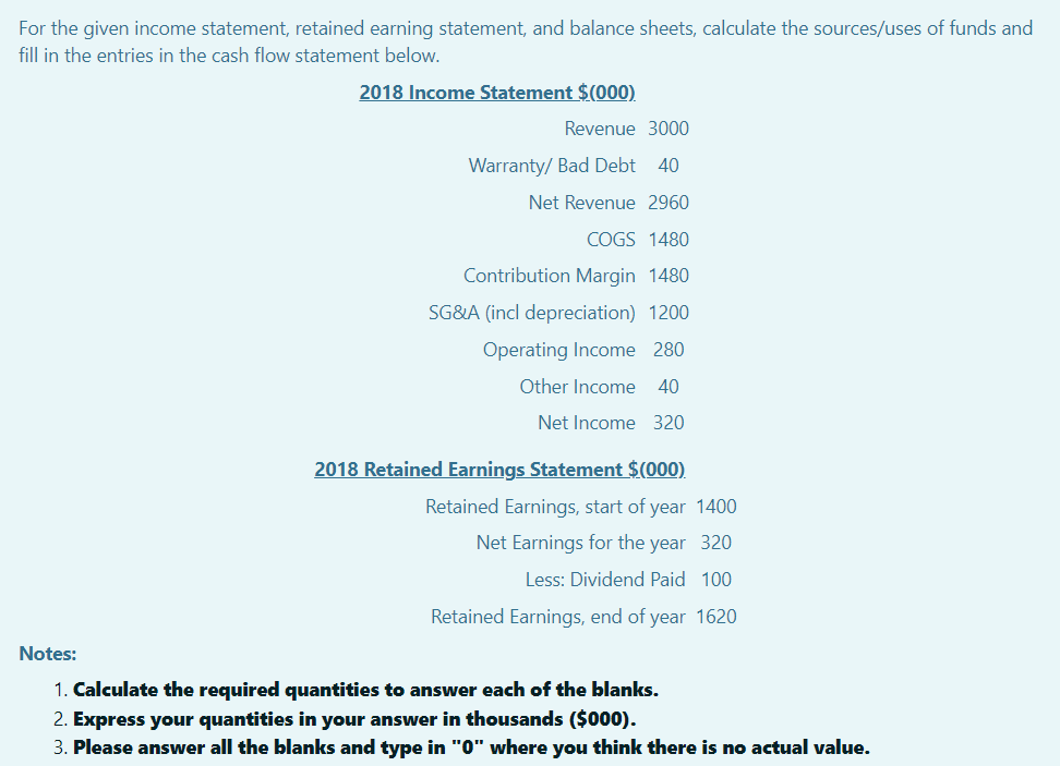 For the given income statement, retained earning statement, and balance sheets, calculate