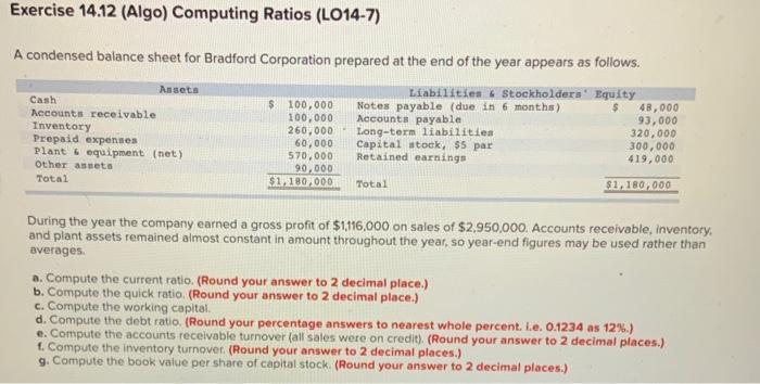 Exercise 14.12 (Algo) Computing Ratios (LO14-7) A condensed balance sheet for Bradford