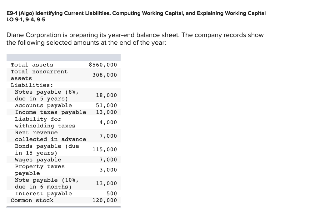 E9-1 (Algo) Identifying Current Liabilities, Computing Working Capital, and Explaining Working Capital