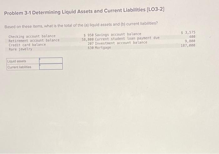 Problem 3-1 Determining Liquid Assets and Current Liabilities [LO3-2] Based on these