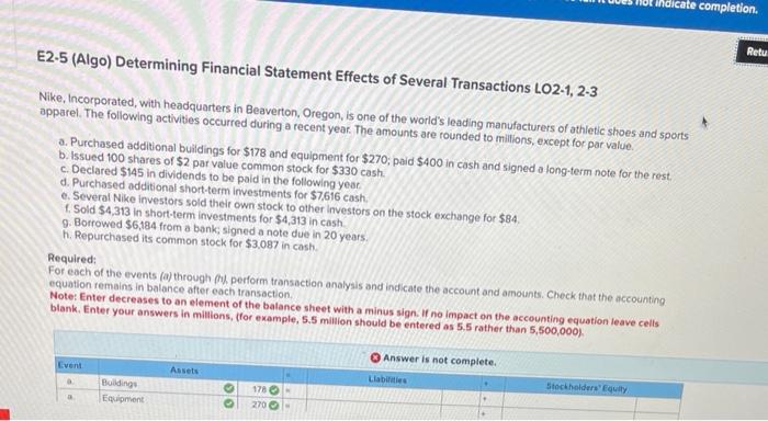 dicate completion. E2-5 (Algo) Determining Financial Statement Effects of Several Transactions LO2-1,