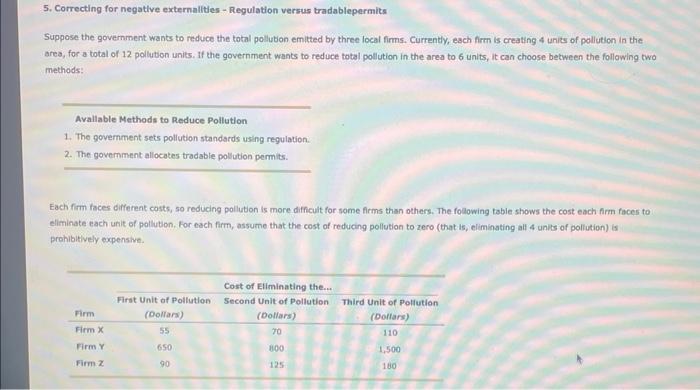 5. Correcting for negative externalities - Regulation versus tradablepermits Suppose the government