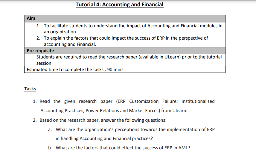 Tutorial 4: Accounting and Financial Aim 1. To facilitate students to understand