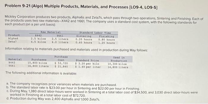 Problem 9-21 (Algo) Multiple Products, Materials, and Processes [LO9-4, LO9-5] Mickley Corporation