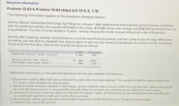 Required information Problem 13-63 & Problem 13-64 (Algo) (LO 13-5, 6, 7,