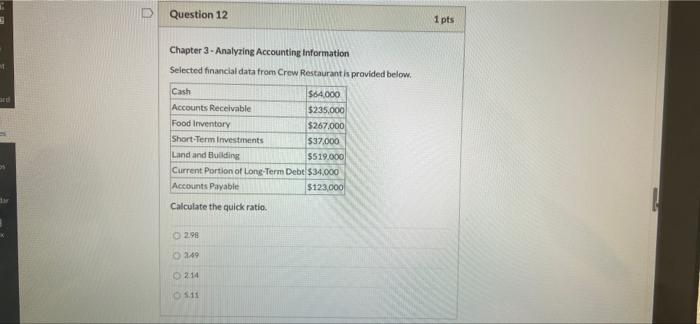 M Question 12 Chapter 3-Analyzing Accounting Information Selected financial data from Crew