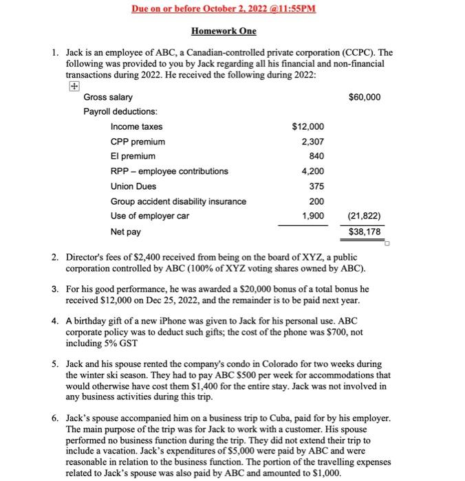 Due on or before October 2, 2022 @11:55PM Homework One 1. Jack