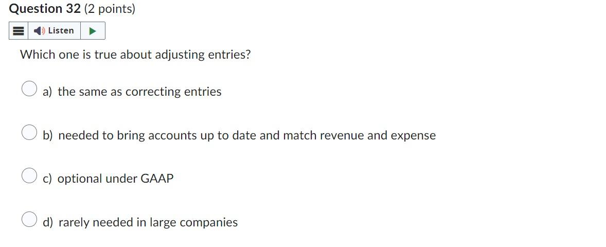 Question 32 (2 points) Listen Which one is true about adjusting entries?