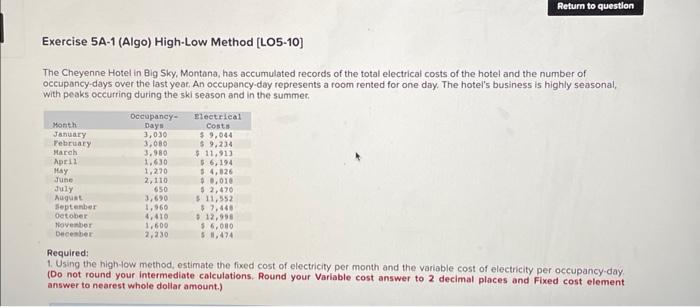 Return to question Exercise 5A-1 (Algo) High-Low Method [LO5-10] The Cheyenne Hotel
