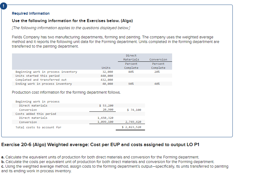 Required Information Use the following information for the Exercises below. (Algo) [The