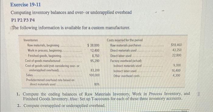 Exercise 19-11 Computing inventory balances and over- or underapplied overhead P1 P2
