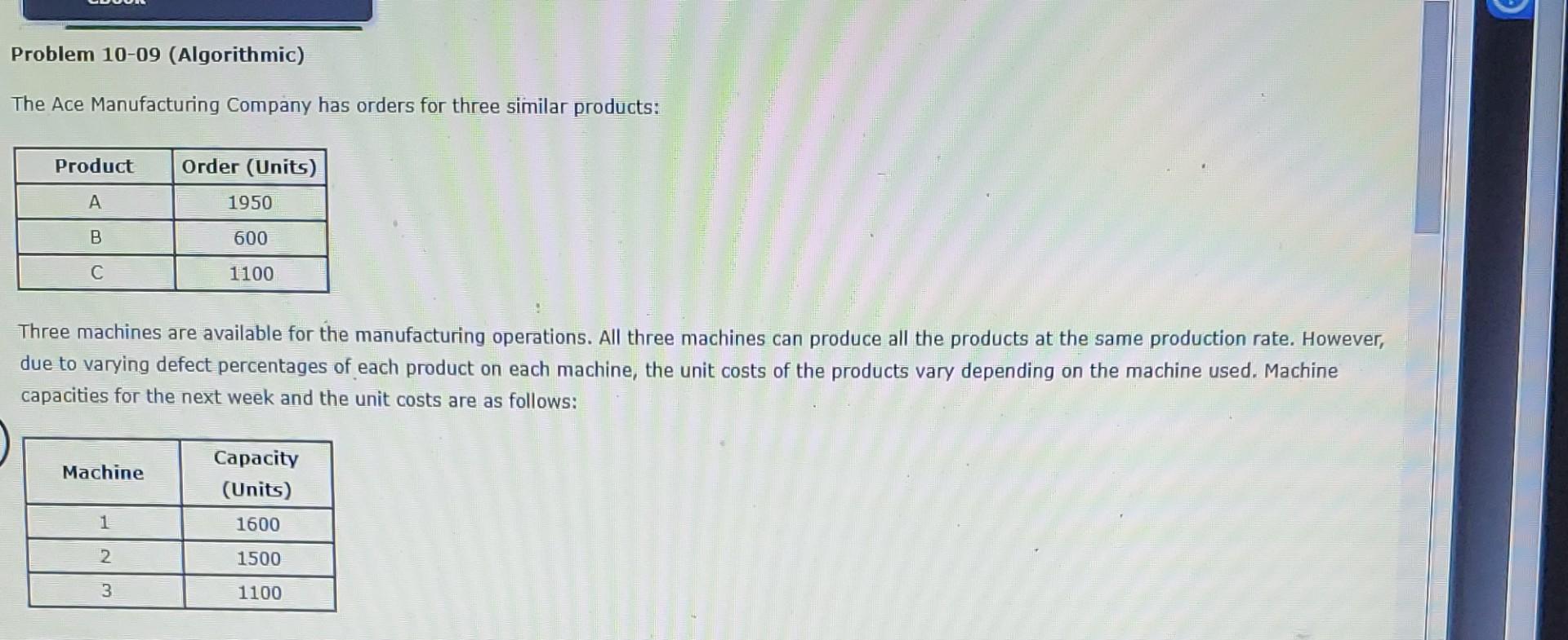 Problem 10-09 (Algorithmic) The Ace Manufacturing Company has orders for three similar