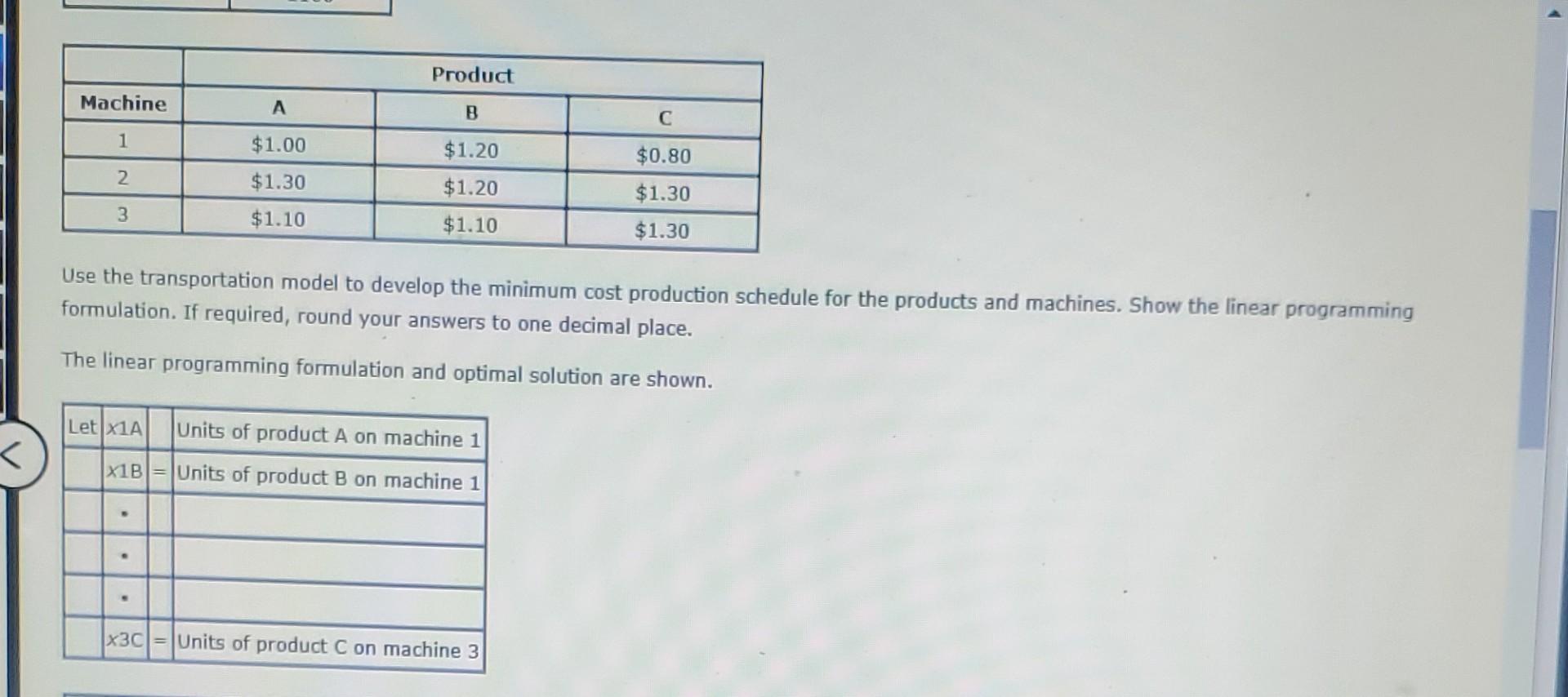 products: Product Order (Units) A 1950 B C 600 1100 Three machines