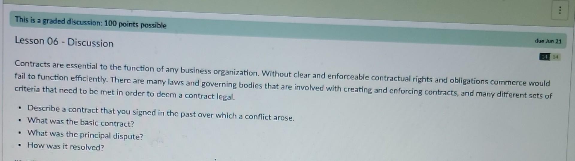 This is a graded discussion: 100 points possible Lesson 06-Discussion due Jun
