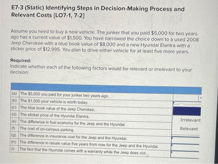 E7-3 (Static) Identifying Steps in Decision-Making Process and Relevant Costs [LO7-1, 7-2]