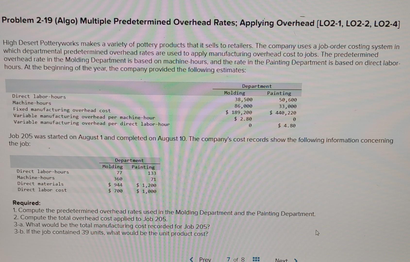 Problem 2-19 (Algo) Multiple Predetermined Overhead Rates; Applying Overhead [LO2-1, LO2-2, LO2-4]