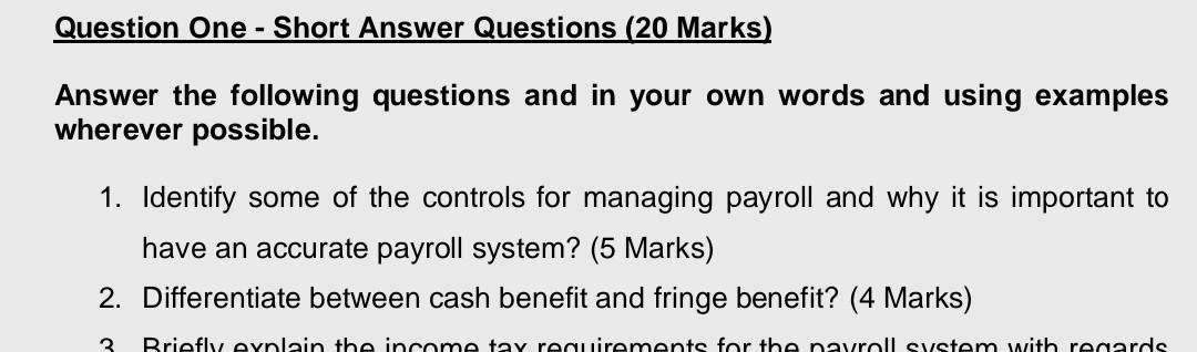 Question One - Short Answer Questions (20 Marks) Answer the following questions