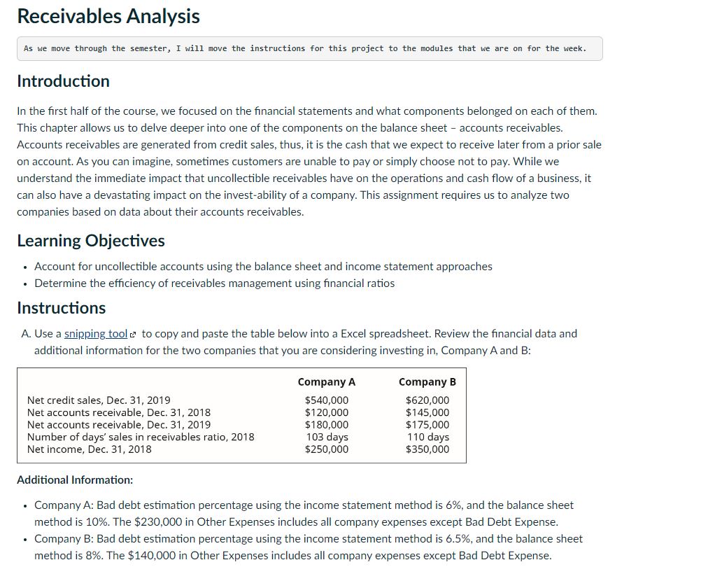 Receivables Analysis As we move through the semester, I will move the