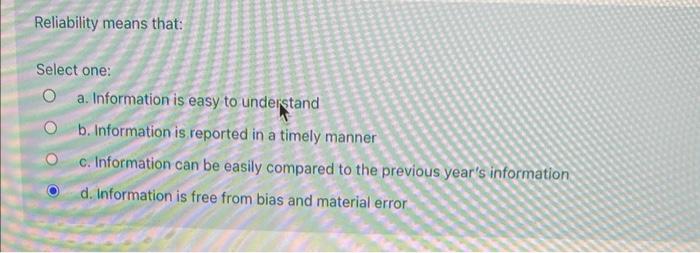 Reliability means that: Select one: a. Information is easy to understand b.