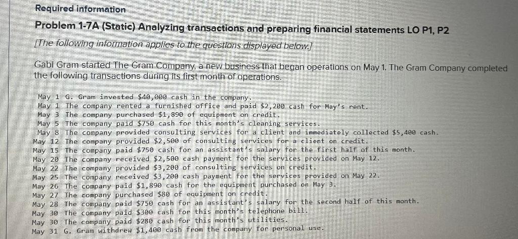 Required information Problem 1-7A (Static) Analyzing transactions and preparing financial statements LO