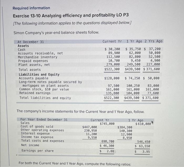 Required information Exercise 13-10 Analyzing efficiency and profitability LO P3 [The following