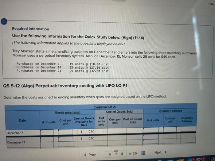 Required information Use the following information for the Quick Study below. (Algo)