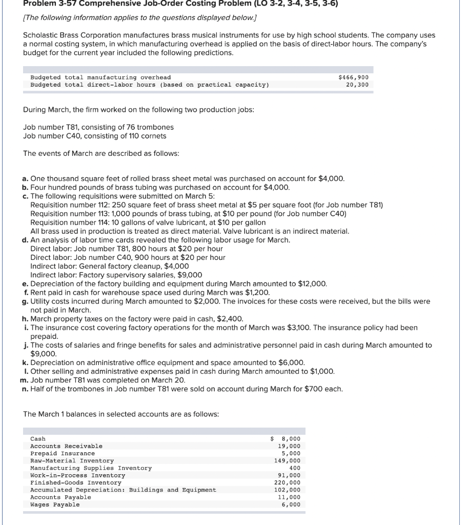 Problem 3-57 Comprehensive Job-Order Costing Problem (LO 3-2, 3-4, 3-5, 3-6) [The