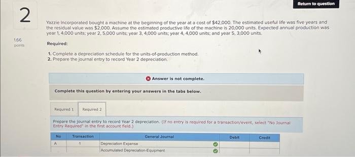 2 1.66 points Return to question Yazzie Incorporated bought a machine at