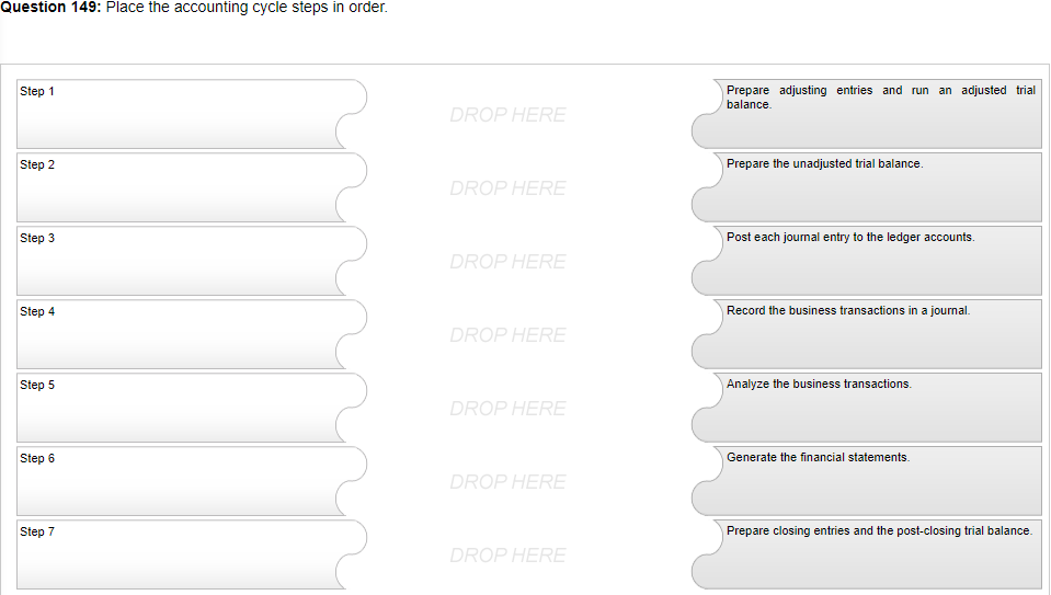 Question 149: Place the accounting cycle steps in order. Step 1 Step