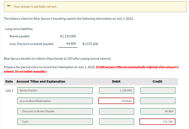 Your answer is partially correct. The balance sheet for Blue Spruce Consulting