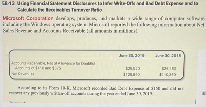 E8-13 Using Financial Statement Disclosures to Infer Write-Offs and Bad Debt Expense