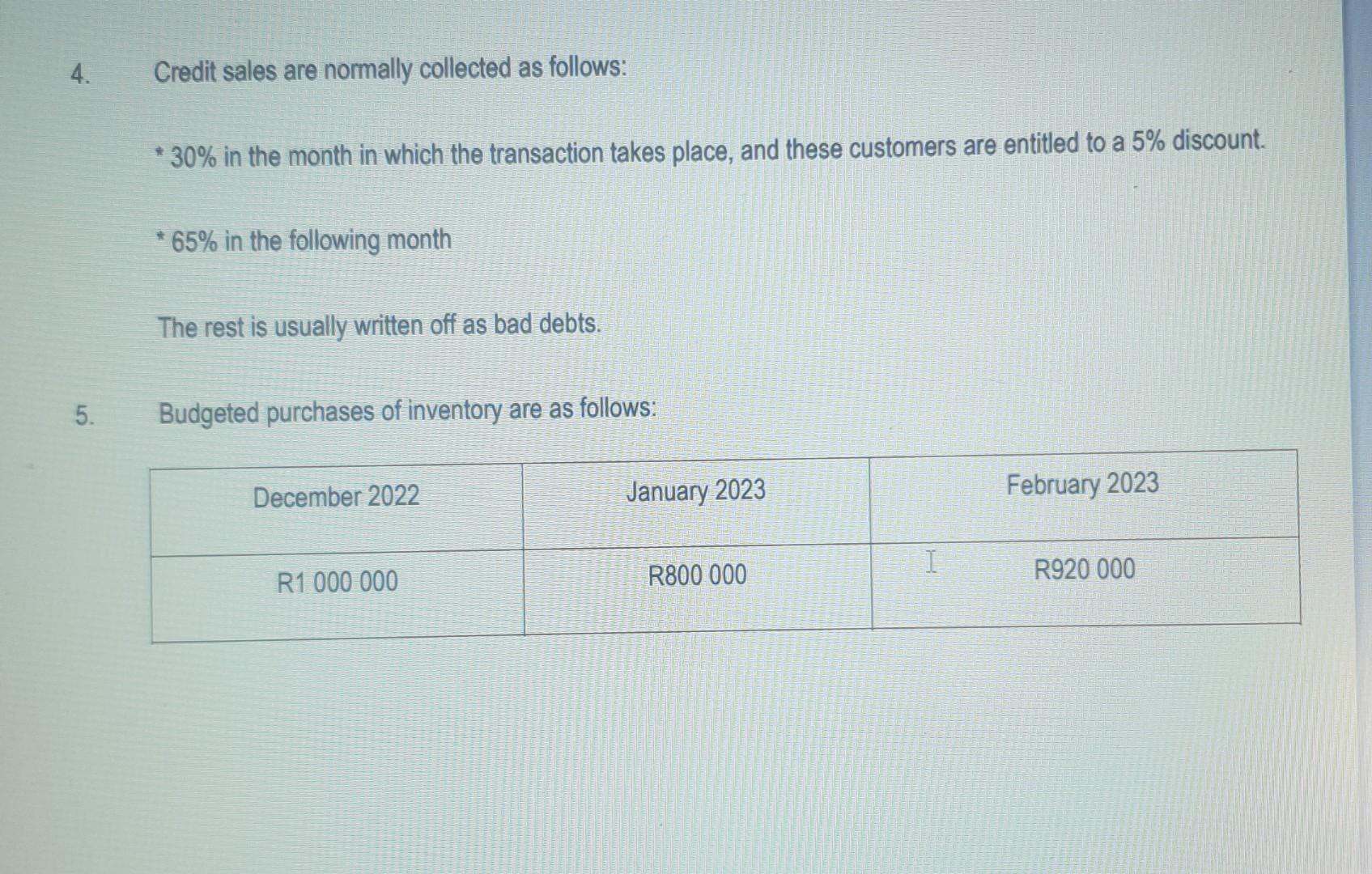 January and February 2023: 4.1 Debtors Collection Schedule 4.2 Cash Budget INFORMATION