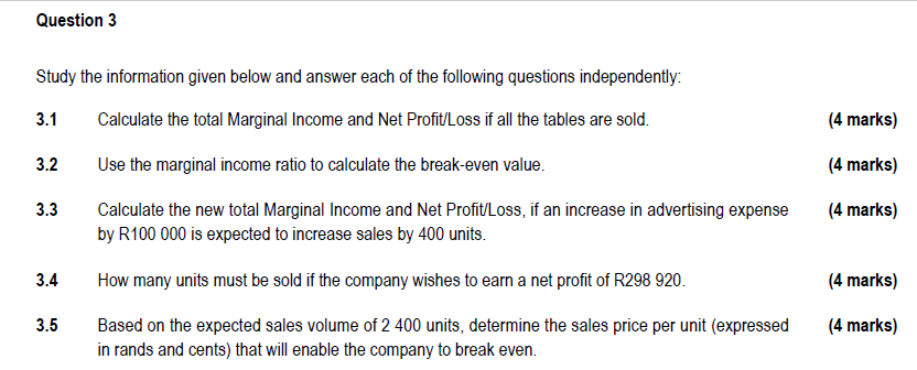 Question 3 3.1 Study the information given below and answer each of