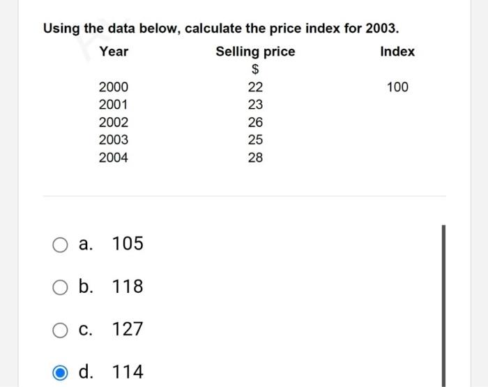 Using the data below, calculate the price index for 2003. Year Selling