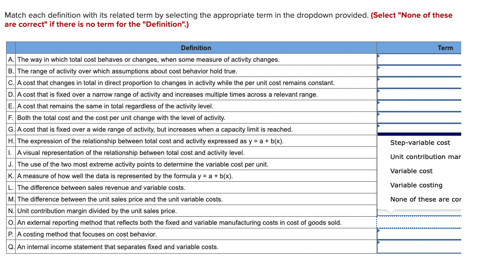 in the dropdown provided. (Select "None of these > correct" if there