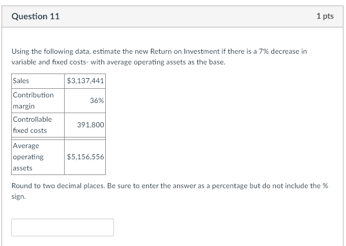 Question 11 Using the following data, estimate the new Return on Investment
