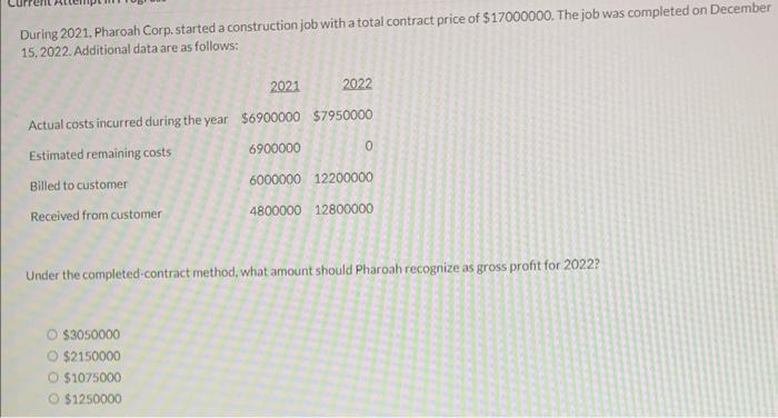 During 2021, Pharoah Corp. started a construction job with a total contract