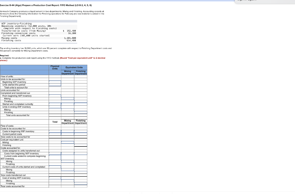 Exercise 8-44 (Algo) Prepare a Production Cost Report: FIFO Method (LO 8-2,4,5,6)