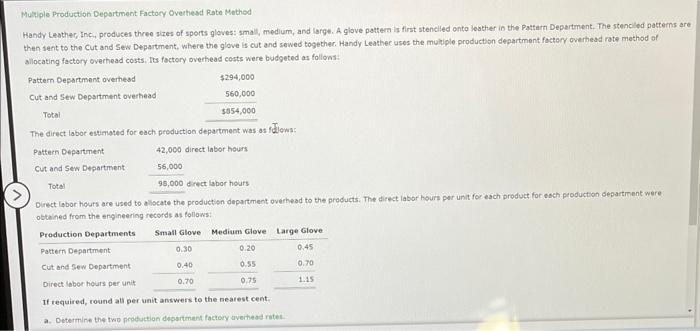 > Multiple Production Department Factory Overhead Rate Method Handy Leather, Inc., produces
